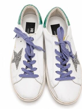 Golden Goose White Leather Sneakers with Purple Laces, Silver Star & Green Heel